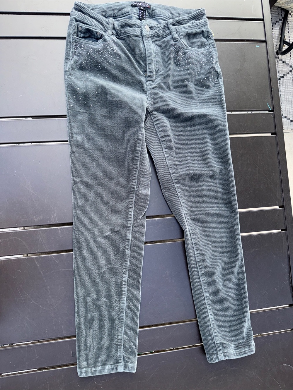 Picadilly Women's Corduroy Jeans  with rhinestones Grey/green 8 EUC